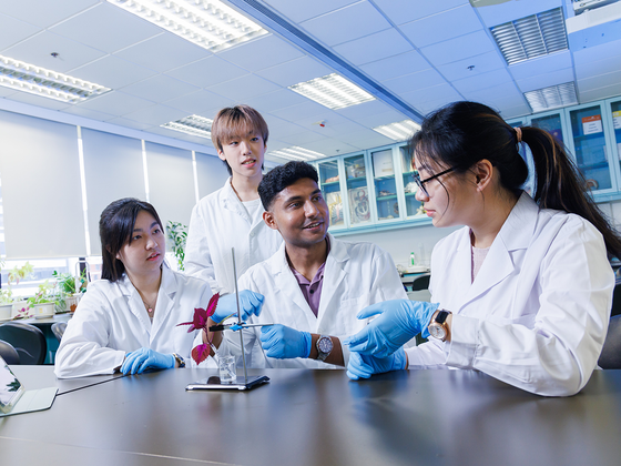 Students discussing in a lab